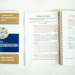 Open spiral-bound Amity hospice documentation guide showing color-coded documentation instructions for hospice field nurses.