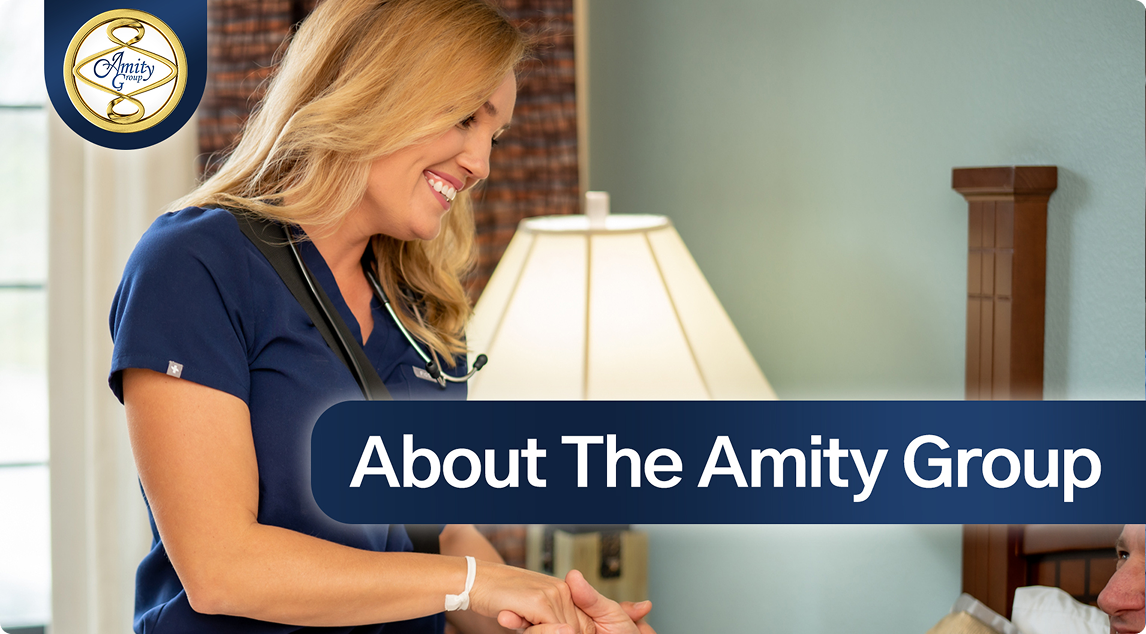 2_About the Practice Amity nurse smiling while providing care to a patient, with the text ‘About The Amity Group’ displayed