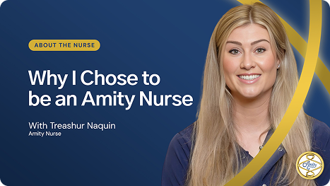 Amity nurse Treashur Naquin smiling next to the title ‘Why I Chose to be an Amity Nurse,’ for the About the Nurse feature
