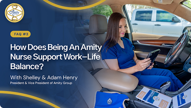 Amity nurse sitting in her car reviewing a tablet, alongside the title ‘How Does Being an Amity Nurse Support Work–Life Balance?,’ featuring Shelley and Adam Henry of Amity Group