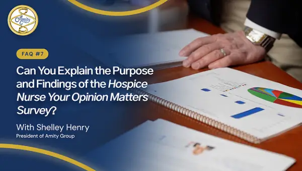 Shelley Henry reviewing printed survey results with charts, alongside the text ‘Can You Explain the Purpose and Findings of the Hospice Nurse Your Opinion Matters Survey?