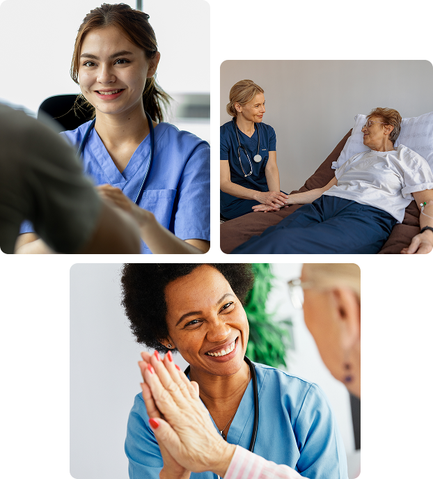 Collage of Amity nurses providing compassionate care: smiling nurse speaking with a patient, nurse comforting a patient in bed, and nurse high-fiving an elderly patient.