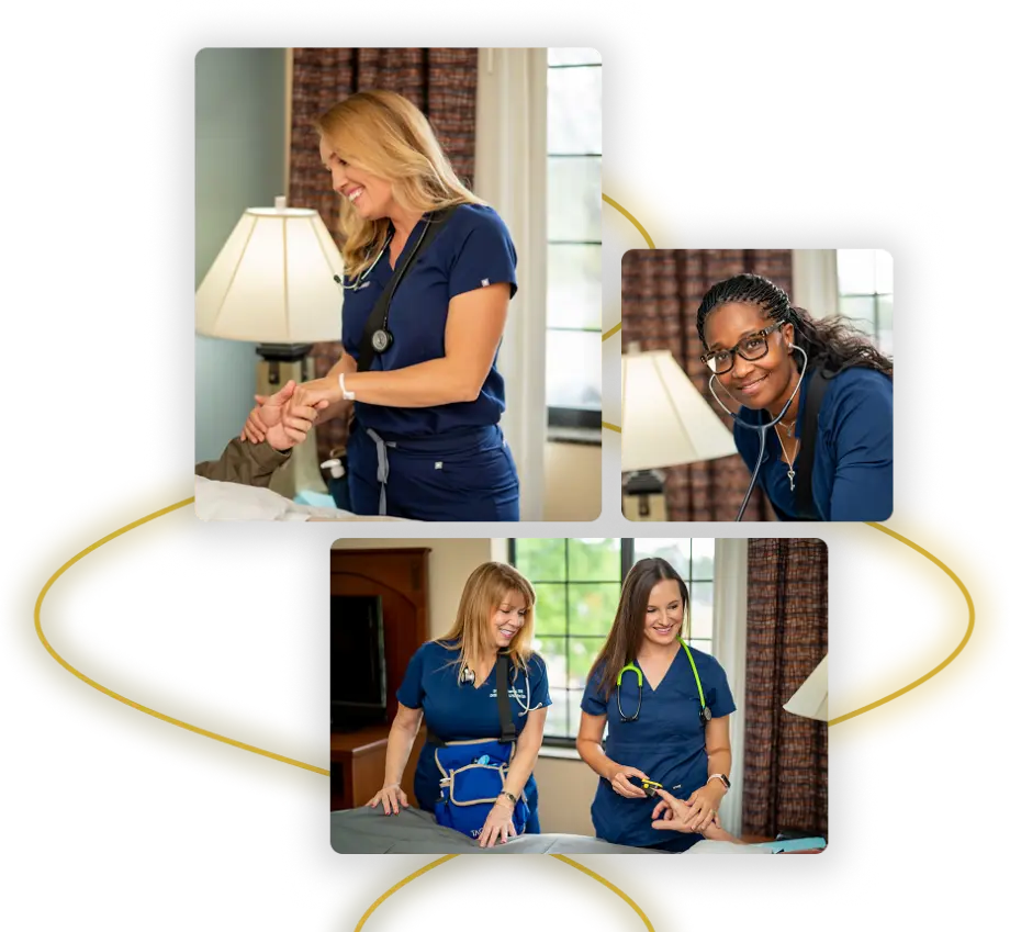 Collage of Amity nurses providing compassionate bedside care and patient assessments in home and hospice settings.