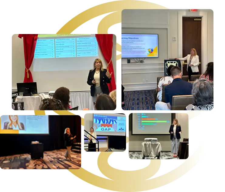 Shelley Henry smiling and collaborating with healthcare staff, representing support and partnership.