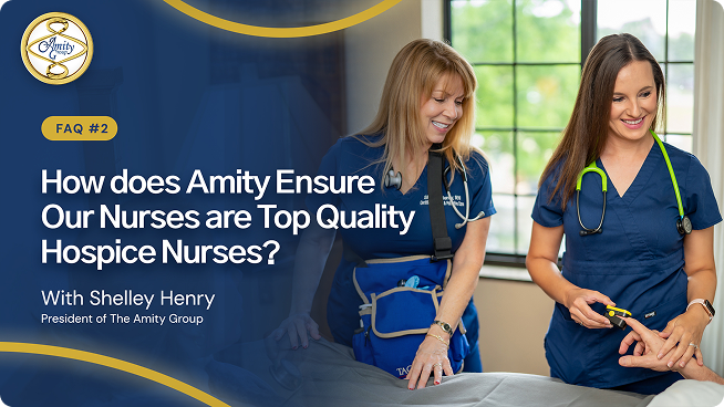 Two nurses smiling with a quote highlighting the top-quality standards of Amity nurses