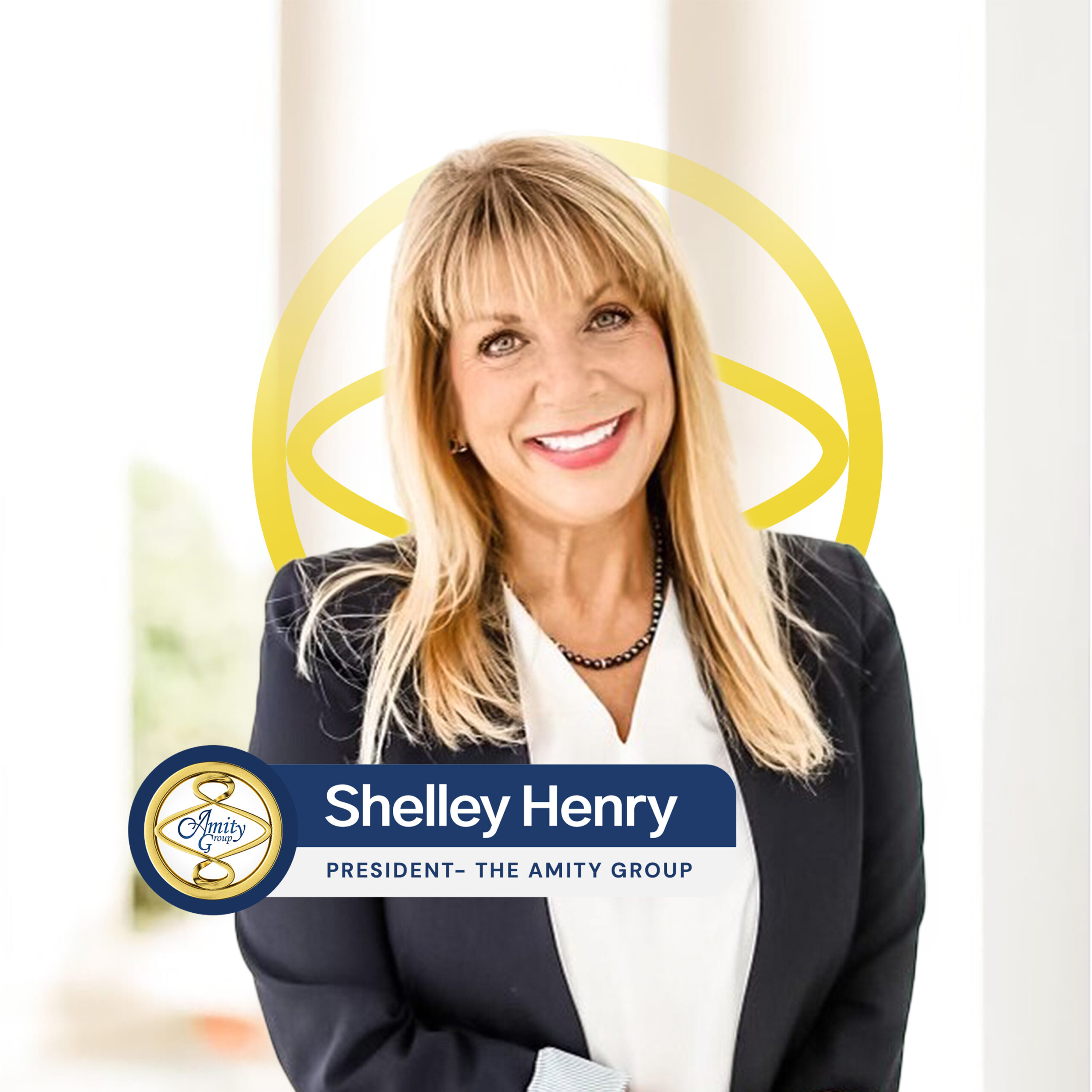 Portrait of Shelley Henry, President of The Amity Group, smiling with the Amity emblem behind her.