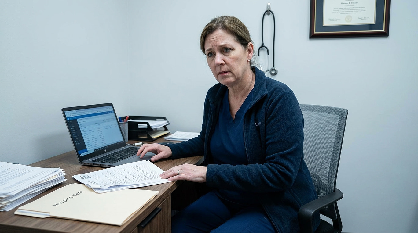 Woman in a medical office sits at a desk with a laptop, reviewing papers with a concerned expression.
