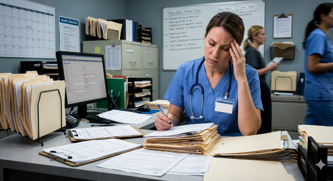 Healthcare professional in blue scrubs with a stethoscope, stressed while reviewing patient files at a cluttered desk with a computer nearby, in a busy clinic setting.