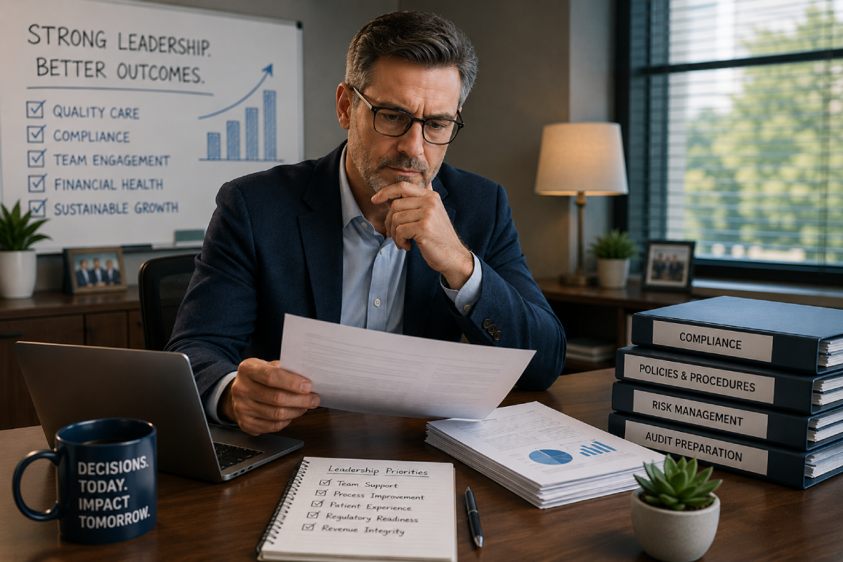 2 3 Man in a suit studies a document at his desk, with a whiteboard of leadership goals in the background.