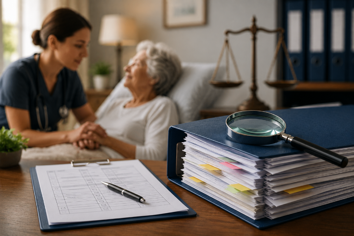 Caregiver holding an elderly patient's hands in a warm room, with a blue file binder, papers, and a magnifying glass on the desk in the foreground