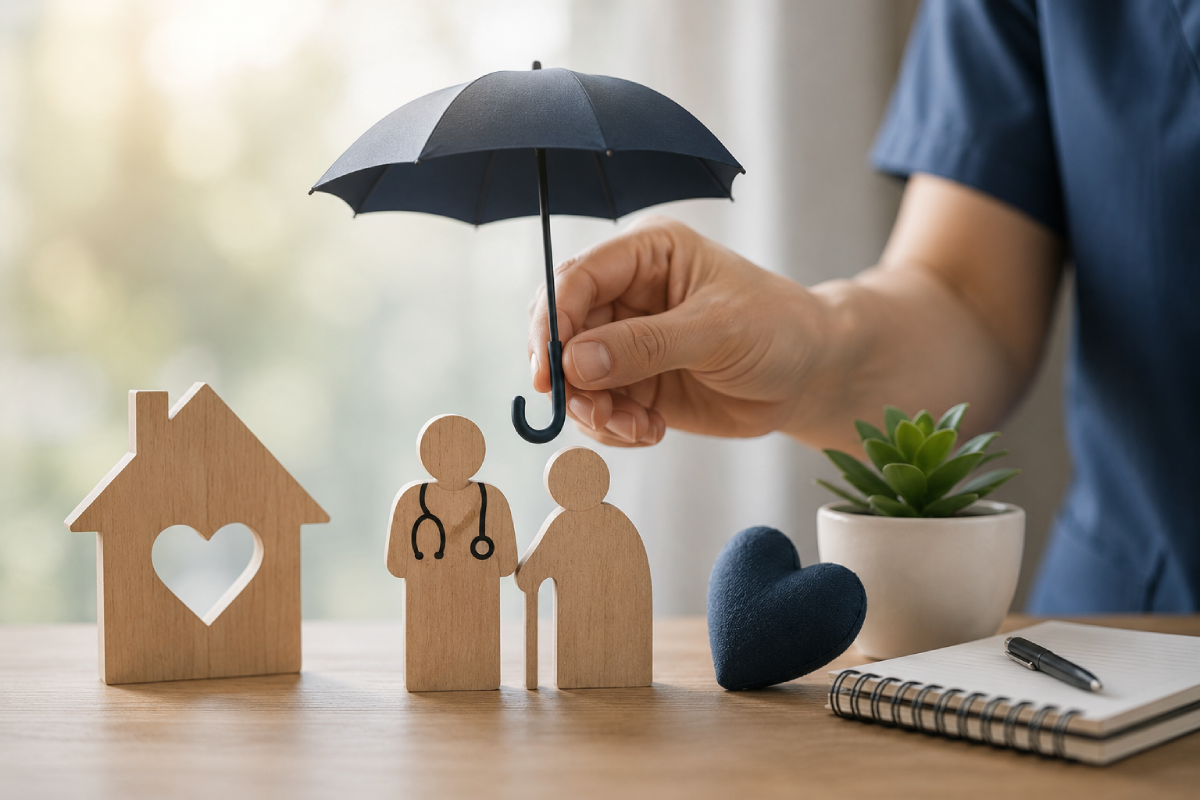 Hand holds a black umbrella over wooden figures of a doctor and patient, with a house heart, a heart plush, a plant, and notebook on a desk—symbolizing protection and care in health insurance kindergarden?