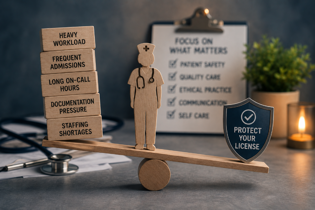 Wooden balance scale with a nurse figurine balancing blocks labeled heavy workload, admissions, on-call hours, documentation pressure, staffing shortages; shield reads 'Protect your license'.