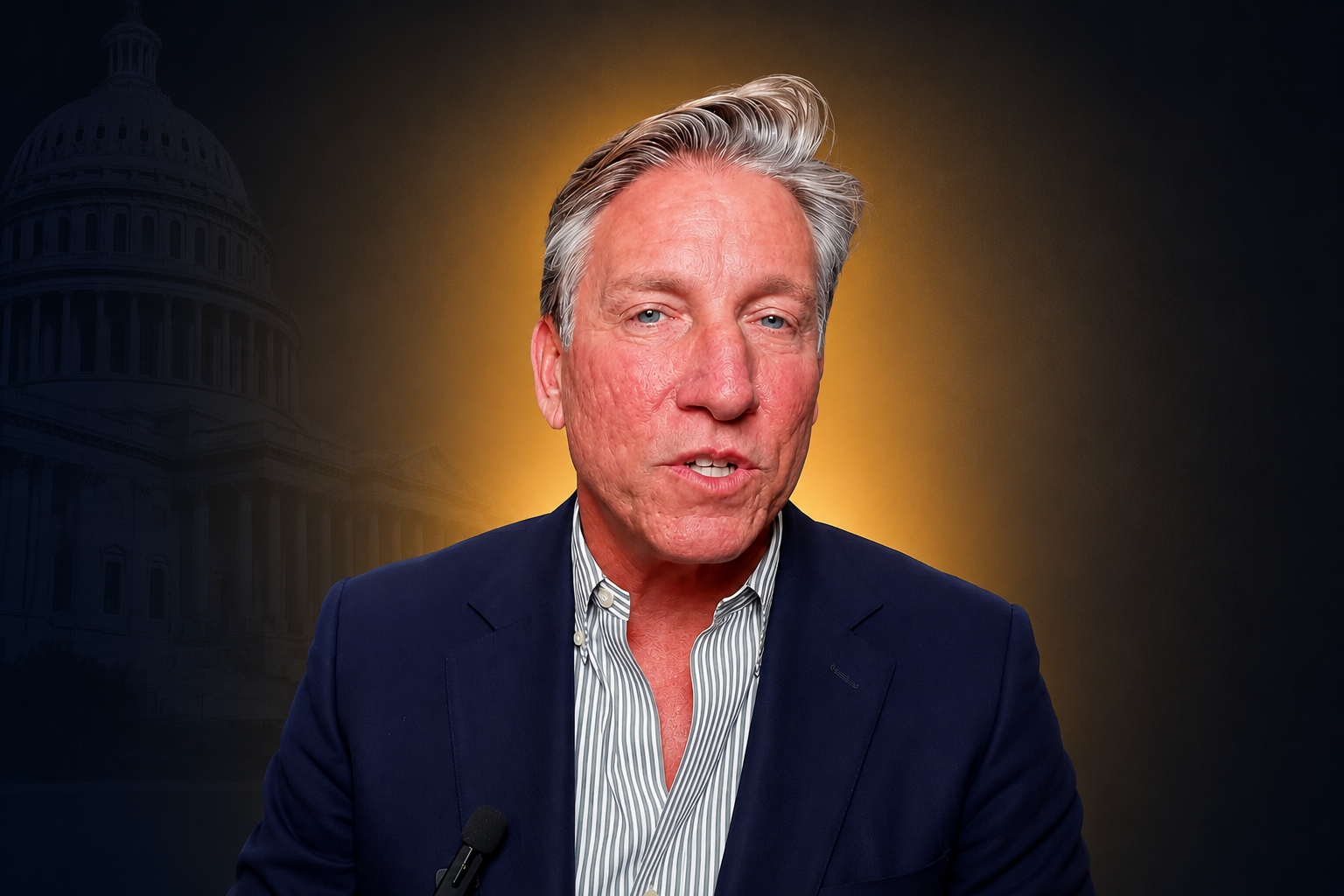 Hospice-stafing Middle-aged man in a navy blazer speaks to the camera, microphone clipped to his suit, with a warm amber halo behind him and a subtle Capitol dome on the left.