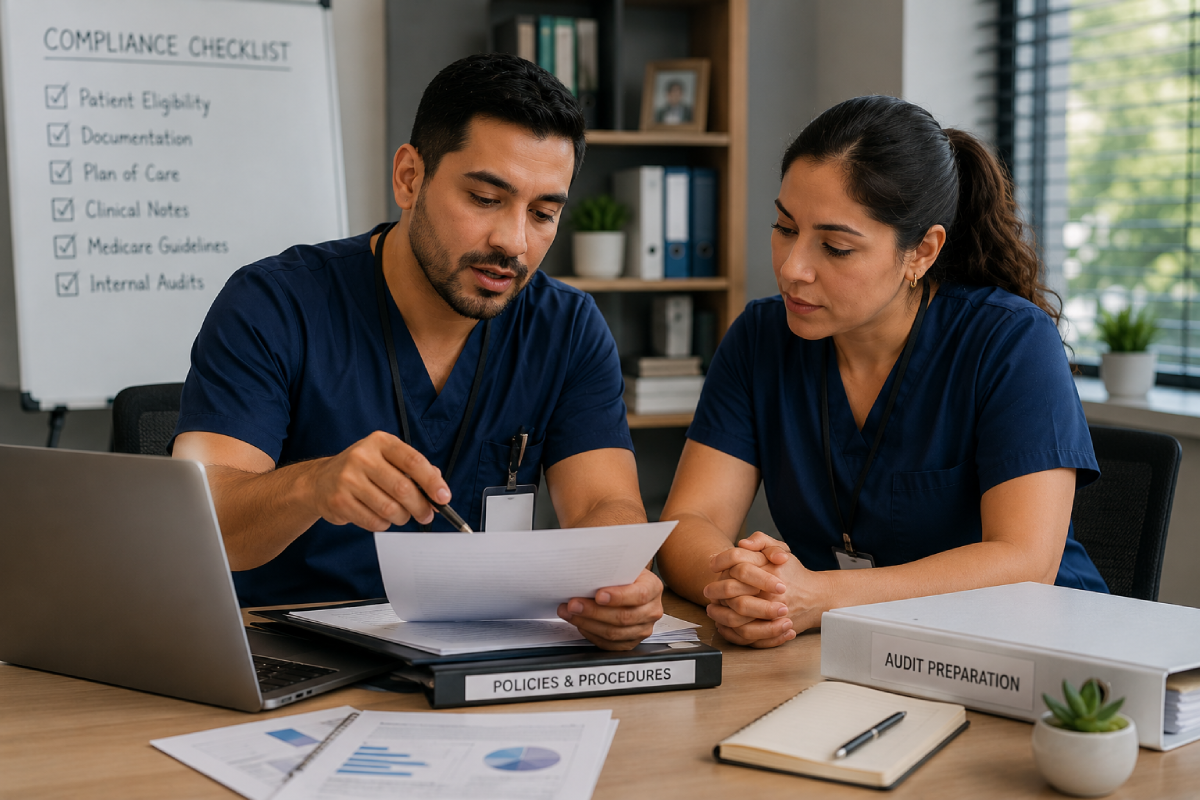 4 1 Two healthcare professionals review documents at a desk, with a 'Policies & Procedures' binder and an 'Audit Preparation' box nearby.
