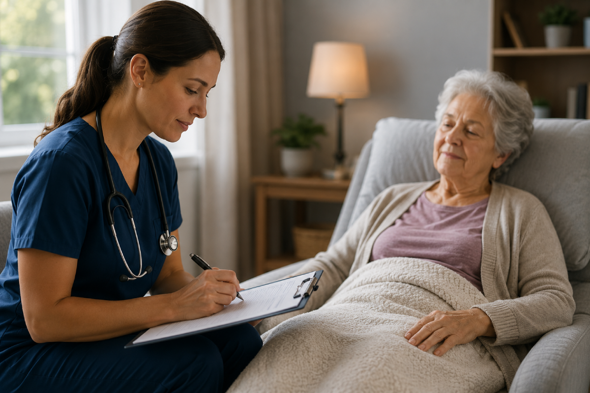 Nurse in blue scrubs with a stethoscope writes on a clipboard beside an elderly woman resting in a chair at home.