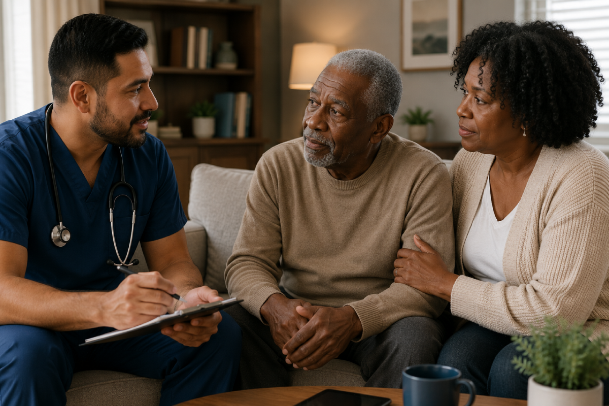 6 2 Healthcare professional in scrubs consults with an elderly man and his partner on a cozy living room couch, discussing care.